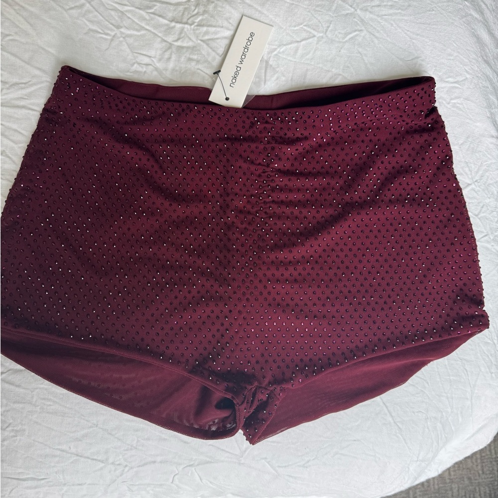 Naked Wardrobe Burgundy CRYSTAL HIGH WAISTED SHORTS - Picture 7 of 9